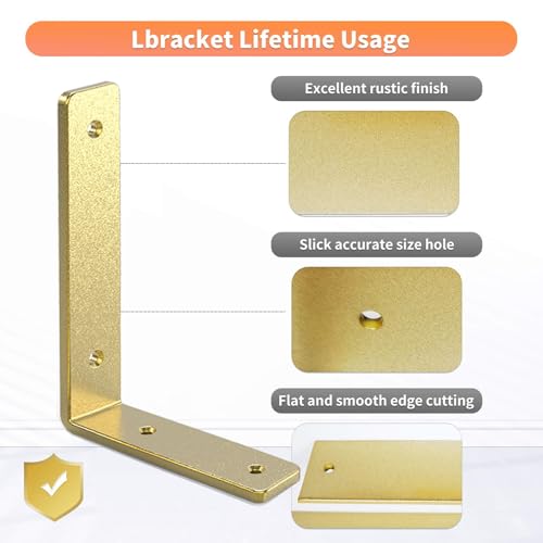 Gold Shelf Brackets 6 Inch, Rustic Iron L Shelf Bracket,Heavy Duty Industrial Shelf Bracket,Gold Metal L Brackets for Shelves Support DIY, 6 Pack