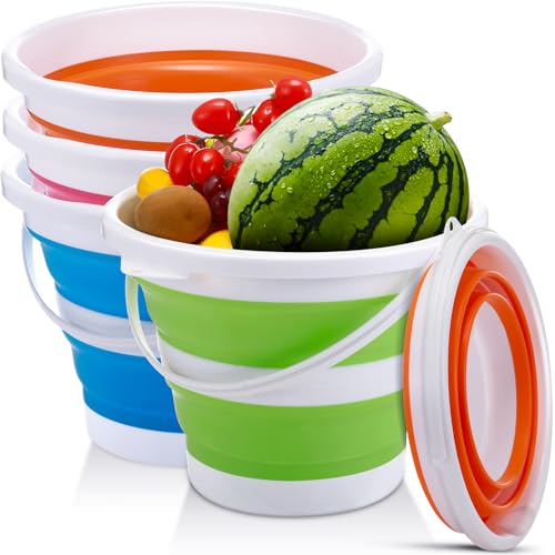 4 Pcs Collapsible Bucket 1.3 Gallon (5l) Foldable Collapsible Sand Bucket with Handle Small Cleaning Pail for Household Outdoor Car Washing Camping Beach Sand - color: Blue, Green, Orange, Pink, size: 1.3 Gallon