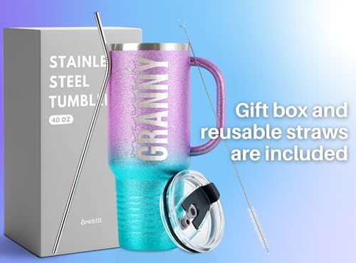 Onebttl Christian Grandma Gifts for Mother's Day & Christmas, 40oz Purple & Blue Glitter Handle Stainless Steel Tumbler, Straw & Lid Included, Blessed Granny Gifts