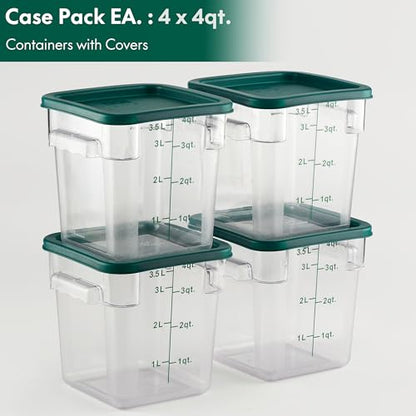 4 Pack Food Storage Container with Green Lid - NSF Commercial Grade in 4.0 Qt - Square, Clear, Polycarbonate