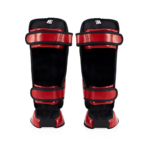 Fairtex SPK9 PU Leather Youth Shin Guards, Hook and Loop Muay Thai Shin Pad - color: Red, size: 10-12yrs