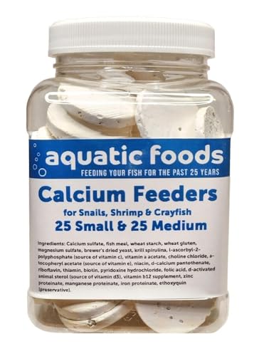 Calcium Enriched Sinking Food Disks for Shrimp, Snails, Crabs, Crayfish, Hermit Crabs, Plecos, Catfish, Bottom Fish, All Tropical Fish. 25 Small & 25 Medium Discs Jar