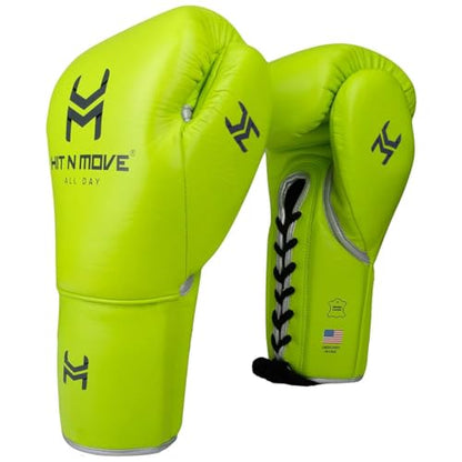 HIT N MOVE All Day Pro Balance Sparring and Bag Boxing Gloves LACE UP, Boxing Gloves Men & Women, Boxing Equipment, Sparring & Bag Gloves for Boxing, Kickboxing, Muay Thai, MMA - color: Neon Green, size: 14 OZ