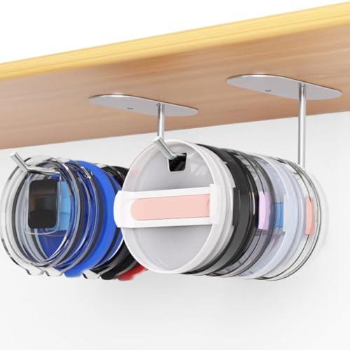 Tumbler Lid Organizer 1Pack, Paper Towel Holder Space Saving Cup Lid Organizer, Self-Adhesive or Drilling Tumbler Lid Hook for Kitchen Organizers and Storage (Silvery)