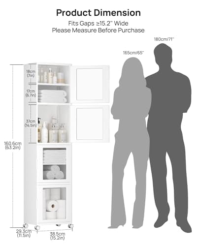 Vtopmart 63.2" Tall Slim Bathroom Storage Cabinet with 4 Adjustable Shelves and 4 Doors, Freestanding Narrow Cabinets Organizer with Wheels and Anti-tip for Laundry, Kitchen, Pantry, White