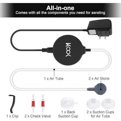Aquarium Air Pump, 1 Watt Ultra Quiet Mini Oxygen Pump, Powerful Air Aerator Kit for Fish Tank 1-15 Gallon, Including Air Pump Accessories, Back Clip and Suction Cup - color: Black
