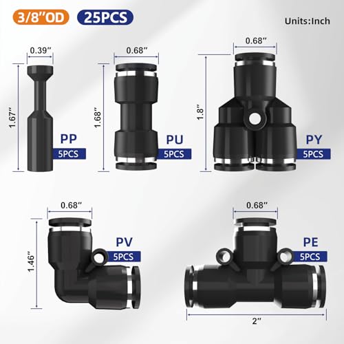 25pcs 3/8" Push to Connect Fittings, 3/8 inch OD Dot Air Line Fittings Pneumatic Air Hose Tubing Quick Connects Kit (Tee, Straights, Elbow, Splitters,Plugs) - size: 3/8"OD