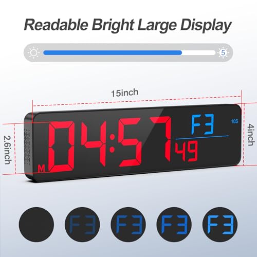 ANJANK 15" Large Gym Timer, LED Digital Wall Clock with Seconds, Timing for Workout, Interval & Rounds, Countdown/Up/Stopwatch/12-Level Volume, Remote Control for Home, Garage, Gym, Crossfit, Fitness - color: Blue + Red2
