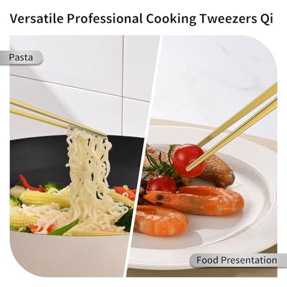 DEHOV 12 Inch Gold Stainless Steel Kitchen Tweezers For Cooking Tongs Set of 2, Metal Long Food Tweezers, BBQ Grill Tongs For Pasta