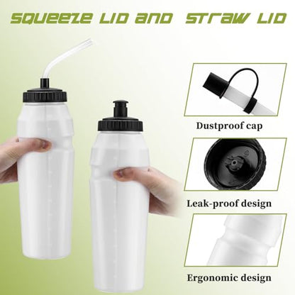 Nuenen 10 Pcs 1 Liter Sports Water Bottle with 2 Lids (Straw and Squeeze),34 oz Squirt Water Bottle with Pull Top Cap for Adults Hockey, football, Lacrosse & Boxing