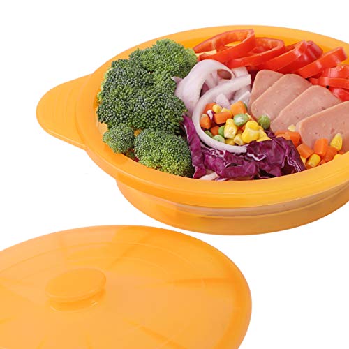 Microwave Steamer Cooker Collapsible Bowl-Silicone Steamer Cookware with Handle Lid for Vegetables Fish Prep Meal Food with Removable Rack BPA Free, Easy to Store, Freezer & Dishwasher Safe, Orange
