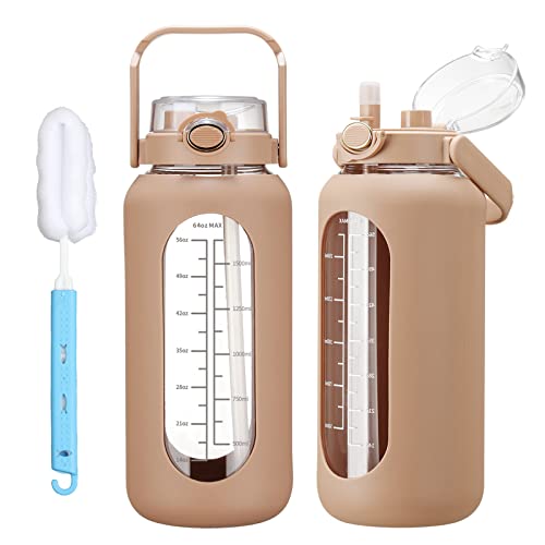 chunmo 52oz Glass Water Bolttles with Straw Half Gallon Large Motivational Water Bottle with Time Marker Sports Water Bottles with Silicone Sleeve and Handle Lid Water Jug for Gym Workout - color: Amber, size: 52 Ounces