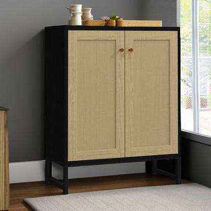 Panana Rattan Decorated 2 Doors Storage Cabinet Accent Cabinet Living Room Cupboard Kitchen Sideboard Buffet Table (Black)