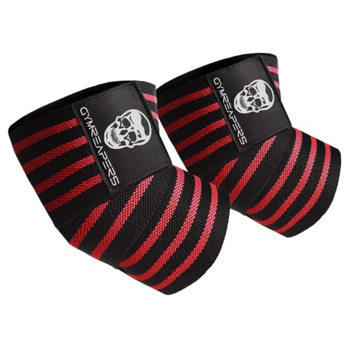 Gymreapers Weightlifting Elbow Wraps (1 Pair) - Flexible 40'' Elbow Compression Strap & Joint Support Brace - for Bench Press, Powerlifting, and Pressing - color: Red