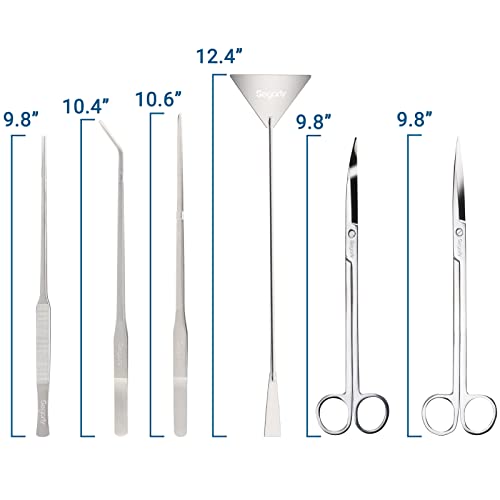 Segarty Aquarium Aquascaping Tools, 6 in 1 Stainless Steel Silver Aquascaping Tools Kit for Aquatic Plant Fish Tank, Long Scrapers Spatula Feeding Tweezers Curved Straight Scissors Aquarium Tools