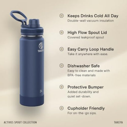 Takeya Actives Stainless Steel Water Bottle, Insulated Spout Lid, Keeps Drinks Cold 24 Hrs, Leakproof, Durable, Dishwasher Safe, Ideal for Gym, Travel, Fits Most Cup Holders, 18 oz/Midnight Blue - color: Midnight Blue, size: 18 Ounces
