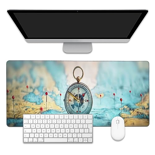 Mouse Pad,Compass on World Map Desk Mat for Desktop,Desk Pad with Non-Slip Base and Stitched Edge,Extended Mousepad for Office and Home 35.4X15.7 Inch - color: Compass on World Map