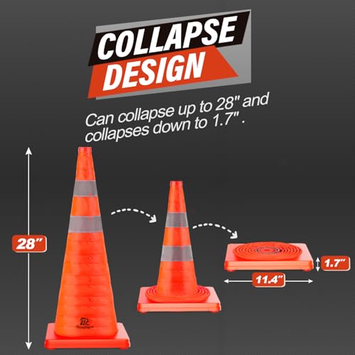 RoadHero 28 Inch 4 Pack Collapsible Traffic Safety Cones with Bag, Orange - size: 28 Inch