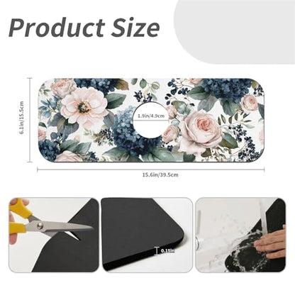 Kitchen Sink Splash Guard，Pink roses, blue hydrangeas-1 Faucet Mat Sink Gadgets-Super Absorbent Fast Drying Mat Drip Catcher for Kitchen, Bathroom,Sink Mat, Dish Drying Mat, Bathroom(15" X 5.5" ) - color: Pink roses, blue hydrangeas-1