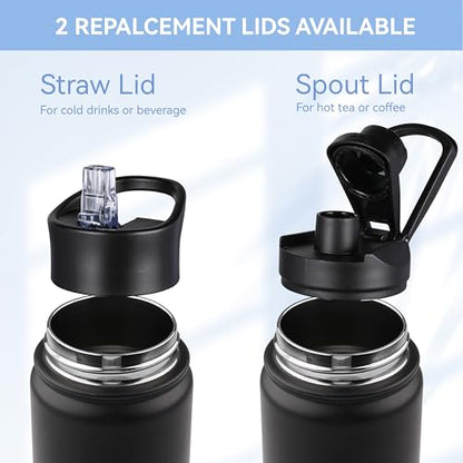 HASLE OUTFITTERS Insulated Water Bottle 22 oz Double Wall Stainless Steel Water Bottle Wide Mouth with Straw Lid & Spout Lid Keeps Cold or Hot(Black,8) - color: Black, size: 22oz- 8 Pack