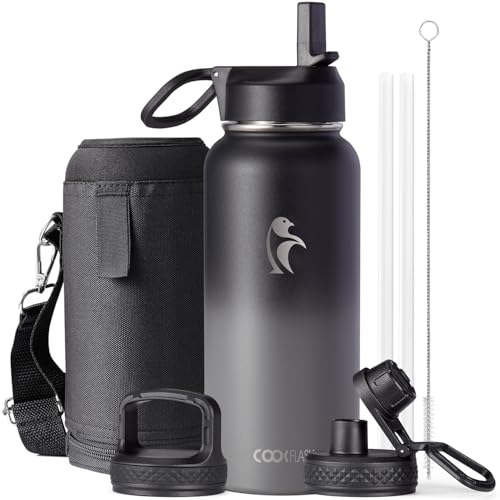 Coolflask 32 oz Water Bottle Insulated with Straw & 3 Leakproof Lids - color: Piano Night, size: 32 Ounces