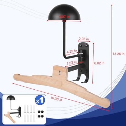 Kikerike Metal Bike Helmet Rack Wall Mount - 180 Degree Rotation, Stand with Wood Hanger & 2 Hooks for Motorcycle, Bike, Baseball, Rugby Helmets - 1 Pack - color: Black(1PCS with Hanger)