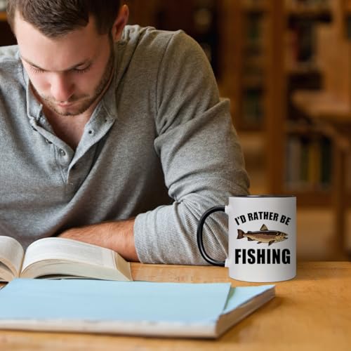 Ceramic Mug Novelty Cup - Funny Gift for Father's Day Fishing Lovers or Men Him Dad Grandpa Fisherman - I'D Rather Be Fishing - 11 oz Coffee Mug White and black Tea Cup