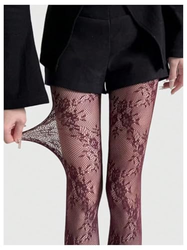 Women's Floral Lace Fishnet Tights Kawaii Y2K See Through Stockings Leggings - color: Burgundy, size: Medium