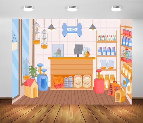 BELECO 10x8ft Fabric Cartoon Pet Shop Backdrop Pet Store with Doghouse Birds Cage Fish Tank Animals Food Photography Background Pet Party Decorations Kids Children Portrait Photoshoot Studio Props - size: 10x8FT