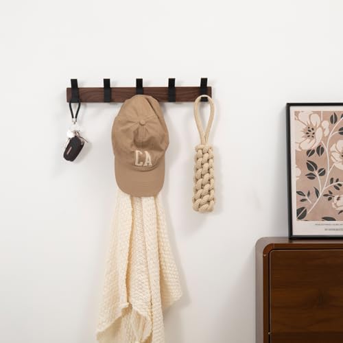 Coat Rack Wall Mount - 16.9 Inches Coat Rack Wall Mount with 5 Hooks Walnut Wood Coat Hooks Wall Mounted Rustproof Coat Hanger Black Aluminum Wall Hooks for Hanging Coat Hat Backpack Key - size: 5 Hooks