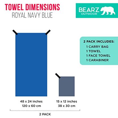 Microfiber Towel Set by BEARZ Outdoor. Microfiber Towels for Body, Workout Towel, Camp Towel, Yoga Towel, Sweat Towel, Microfiber Beach Towel, Travel Towel. Fast Drying & Compact. Free Face Towel - color: Navy Blue (2 Pack)