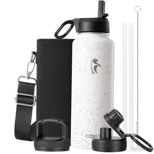 Coolflask 40 oz Water Bottle Insulated with Straw & 3 Leakproof Lids - color: Arctic White, size: 40 Ounces
