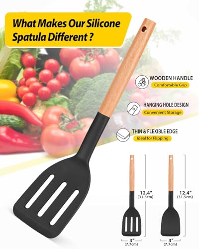 Pack of 2 Silicone Cooking Spatula, Heat Resistant Solid Turner, Non Stick Slotted Spatulas with Wooden Short Handle,Ideal Wood Kitchen Utensils Set for Frying, Baking, Flipping, Turning