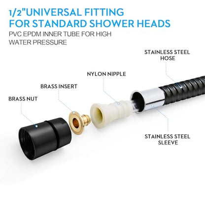 Shower Hose Extra Long 59 Inches Handheld Shower Head Hose with Brass Insert and Nut - Durable and Flexible - Black