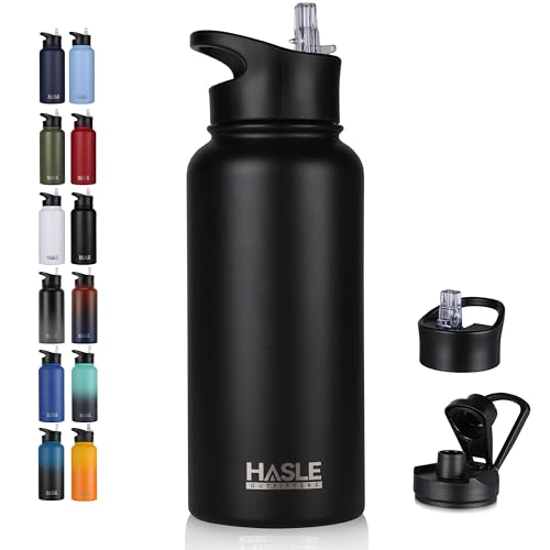 HASLE OUTFITTERS 32 oz Insulated Water Bottle Stainless Steel Double Walled Vacuum Sports Water Bottle with 2 Lids (Straw and Spout Lid) for Gym Camping Hiking(Black,1) - color: Black, size: 32 Ounces