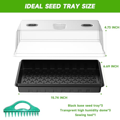 Seed Starter Tray, Gardening Plant Grow Trays Kit for Seedling, Germination Trays with 4.72 Inch High Humidity Domes，Large Growing Space & Better Air Flow for Seed Starting, Mini Greenhouse, 3PCS