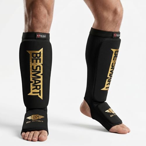 Be Smart MMA Shin Guards for Kickboxing, Muay Thai & Martial Arts – Padded Instep Protection, Lightweight Cotton Elastic Shin Pads – Adult & Youth Training Gear - color: Black/Gold, size: Small-Medium