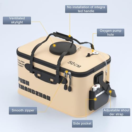 Collapsible Fishing Bucket 12L/22L/34L - Live Bait Container and Portable Bucket with Inflatable Hole, Collapsible Fish Transport Box for Camping, Fishing and Traveling (50CM-34L) - size: 50CM-34L