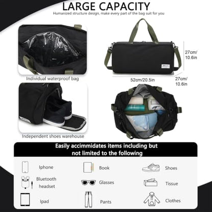 BESMART Gym Bags for Men with Side Pocket，38L Large Sports Gym Duffle Bag - color: Black-olive Green