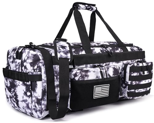 LHI 50L Tactical Duffle Bag for Men, 3-in-1 Gym Duffle and Backpack, Shoe Compartment, Laptop Sleeve and MOLLE, Carry-On Travel Weekender and Overnight Bag – Black and White - color: Black and White
