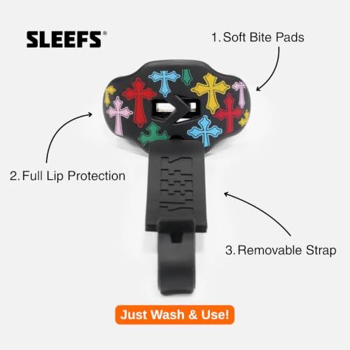 SLEEFS Classic Football Mouthguard with Bold Designs and Removable Strap - color: Crosses Chroma Black