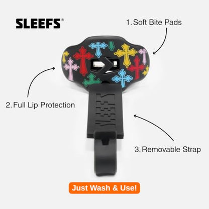 SLEEFS Classic Football Mouthguard with Bold Designs and Removable Strap - color: Crosses Chroma Black