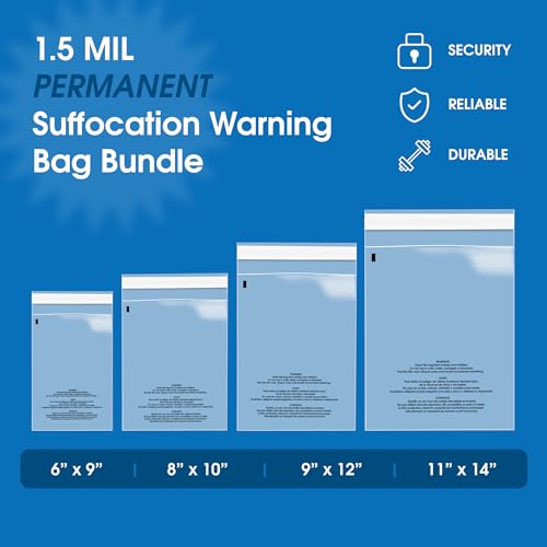 Spartan Industrial - Poly Bag Bundle Combo Pack of 400-6X9, 8X10, 9X12, 11X14 Self Seal Clear Plastic Bags With Suffocation Warning - size: Bundle