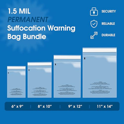 Spartan Industrial - Poly Bag Bundle Combo Pack of 400-6X9, 8X10, 9X12, 11X14 Self Seal Clear Plastic Bags With Suffocation Warning - size: Bundle