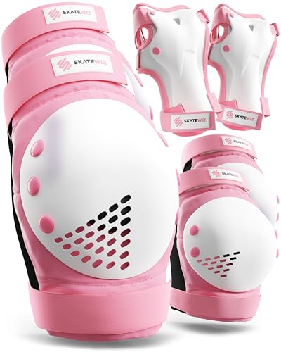 SKATEWIZ Skateboard Pads Protective Gear Set for Kids and Adults - Smash - Roller Skate Pads [6pc] with Wrist Guards - Skating Protective Gear - Roller Derby - color: Pink White, size: L - Teens/Adults