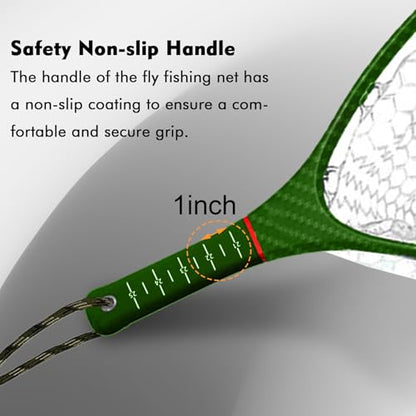 Riverruns Fly Fishing Landing Net Carbon Fiber Trout Net with Measurement Handle, Soft Rubber Mesh - 26" Standard (Wading) / 37" Long (Kayak) - color: 26" Wading Net (Standard) - Green 3K Woven