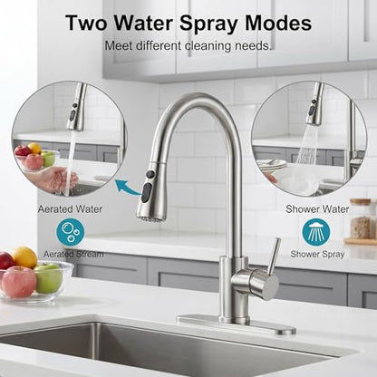 Kitchen Faucet with Soap Dispenser: 304 Stainless Steel Kitchen Sink Faucets with Pull Down Sprayer 3 Modes, Single Handle High Arc Mixer Taps for Sink, RV, Laundry, Bar (Brushed Nickel) - color: Brushed Nickel, style: Contemporary