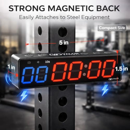 Valor Fitness Magnetic Gym Timer Clock – 5 Inch LED Interval for HIIT, Tabata & EMOM Workouts, 11 Hour Rechargeable Battery, USB-C, Compact Digital Wall or Rack Mount Timer