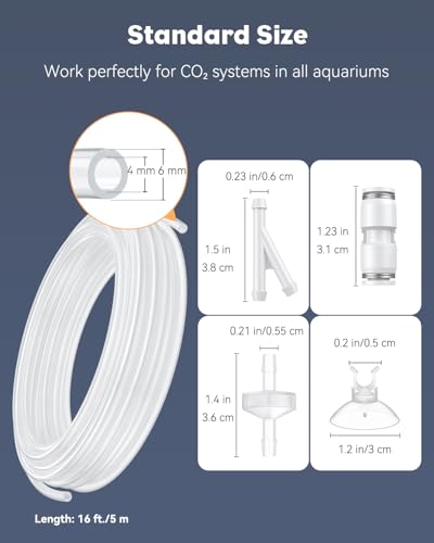 Pawfly 16 ft. Aquarium CO2 Proof Tubing Standard 3/16" Airline Tubing for Aquarium CO2 System Clear Aquarium CO2 Tubing Flexible Kink-Resistant PU Air Tubing with Suction Cups and Connectors