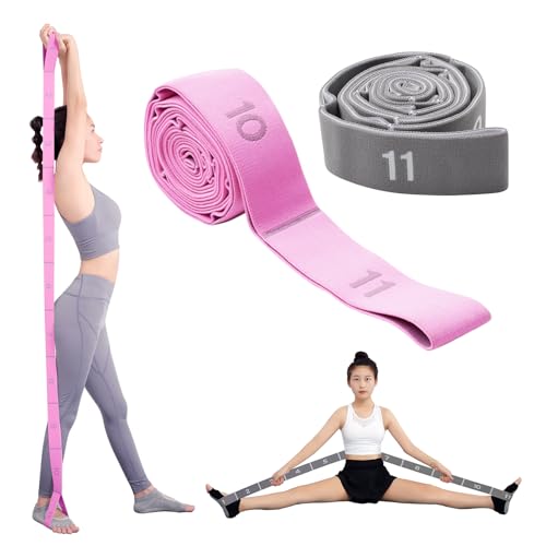 2-Pack Yoga Straps with 11 Loops - Adjustable Elastic Stretching Bands for Pilates, Dance, Ballet Gymnastics & Physical Therapy, Multifunctional Flexibility Exercise Equipment - color: Pink+Gray